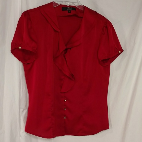 Red Satin Ruffled Short Puff Sleeve Blouse Dressy Rich Cherry Red Flirty Ruffles - Picture 7 of 7